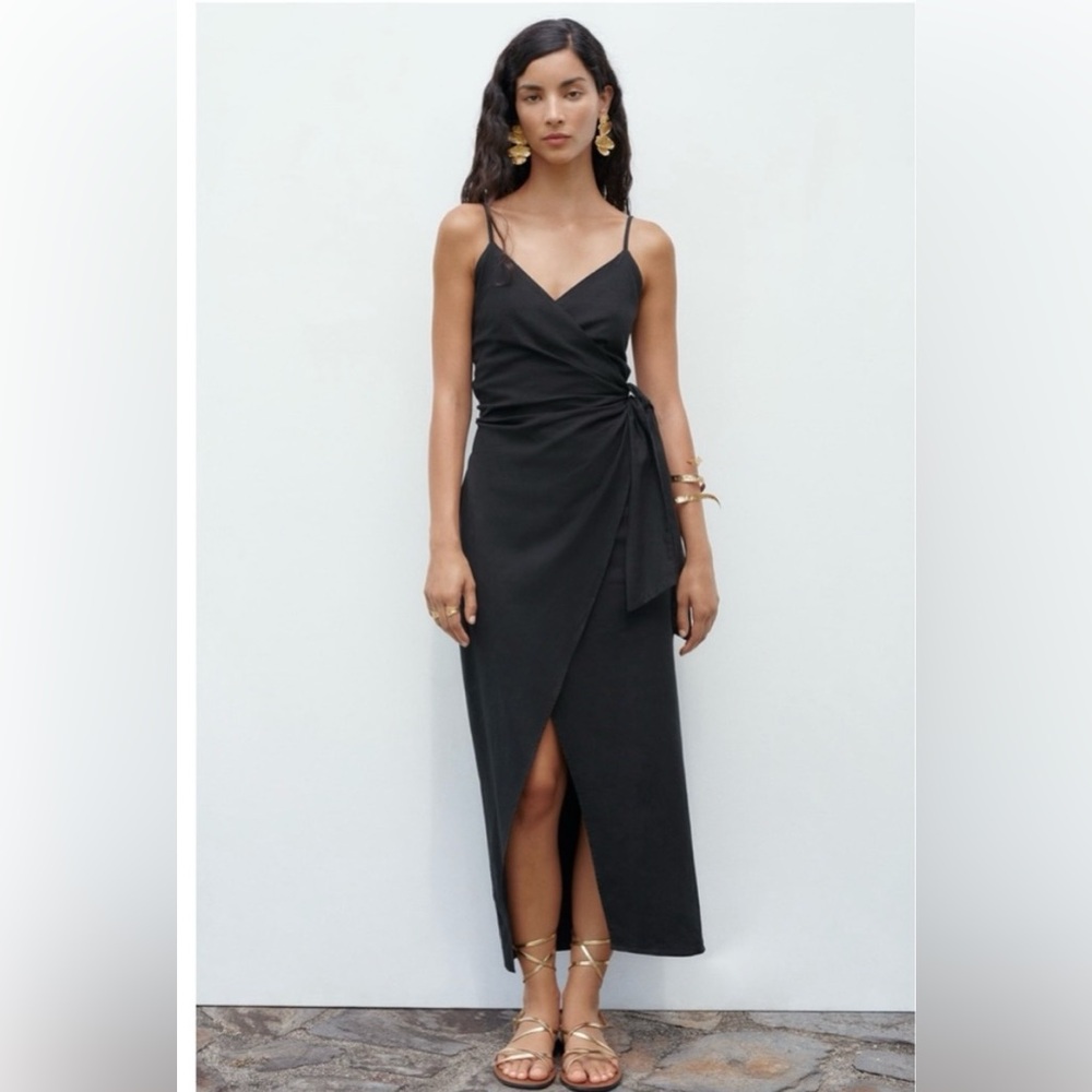ZARA linen/viscose blend knotted slip midi dress
